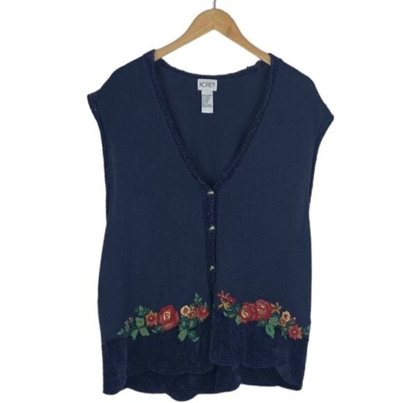 Koret Women's Blue Vintage Knit Floral Embroidered Button Up Sweater Vest US XL - Picture 1 of 12